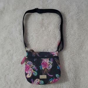 Betsey Johnson Quilted Crossbody Bag Black Floral Paisley Striped Feather